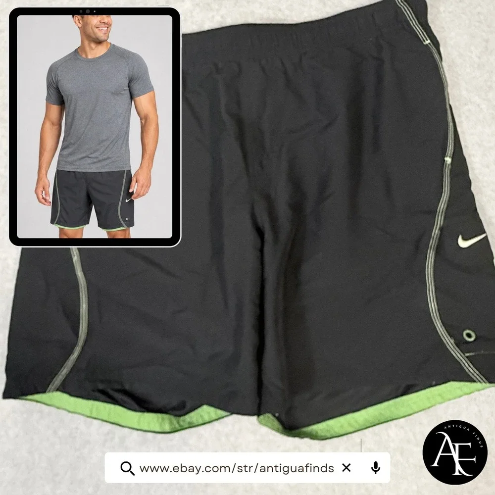 Nike Mens Board Shorts Black Lime Green Mesh Lined Swim Trunks Size L RN 37966